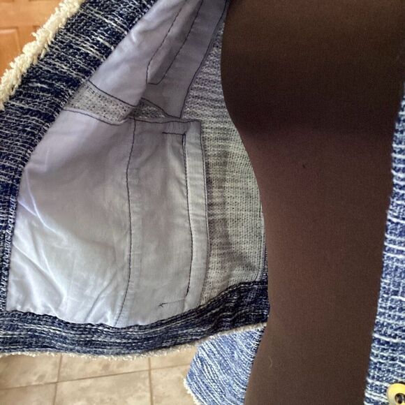 Catherine Malindrino tweed blazer jacket women’s size medium navy blue cream but - Picture 4 of 13